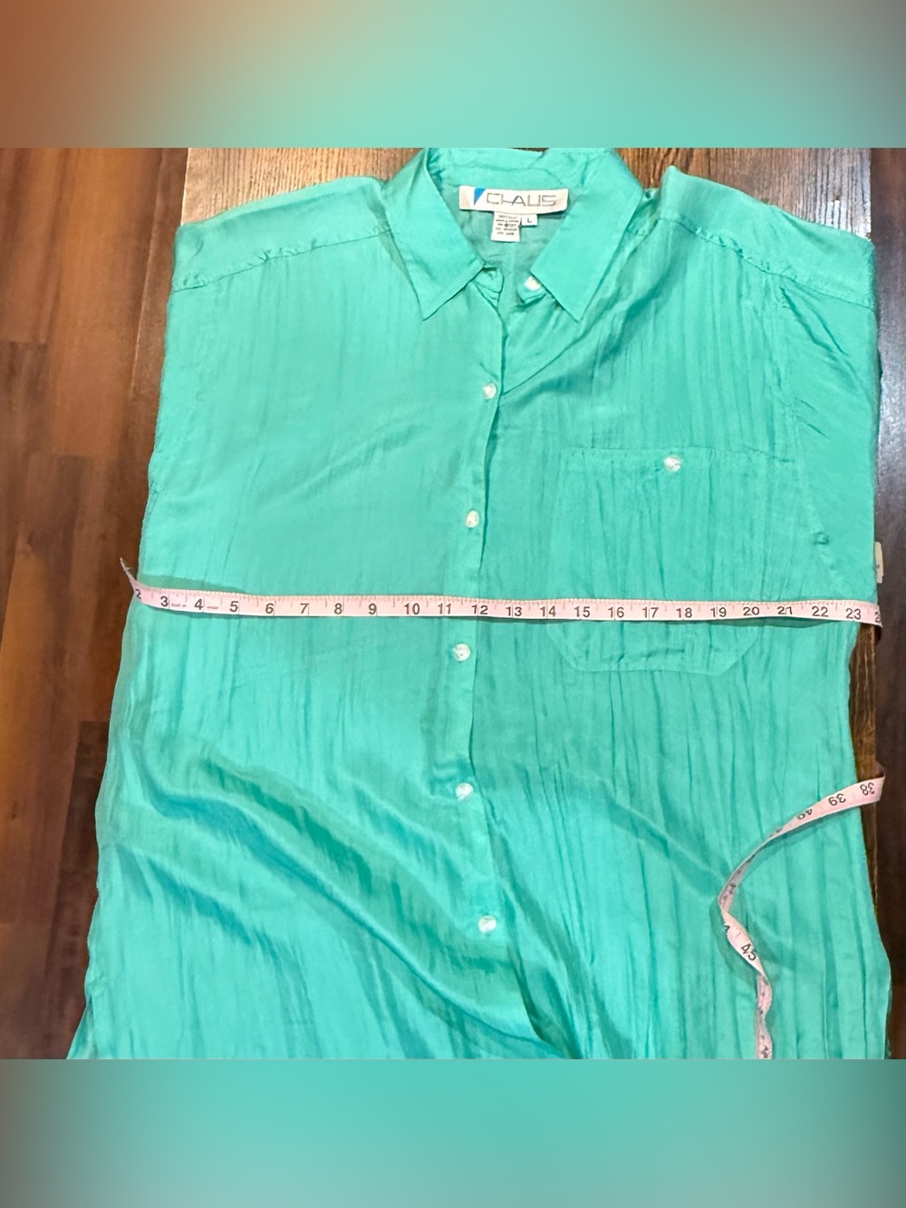 Vintage 1990s CHAUS 100% Silk Aqua Green Button Front Blouse Women’s Large NWT - Picture 7 of 9